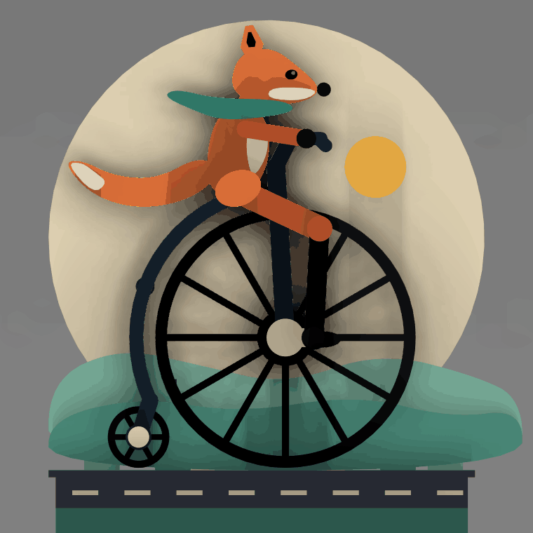Fox riding a penny-farthing, legs pedalling