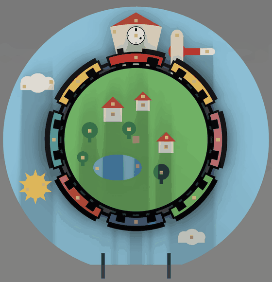 Train circling a tiny planet, stopping at the station