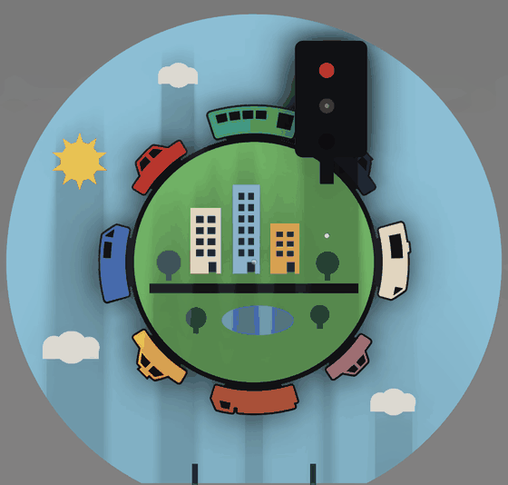 Cars circling a tiny planet past a traffic light